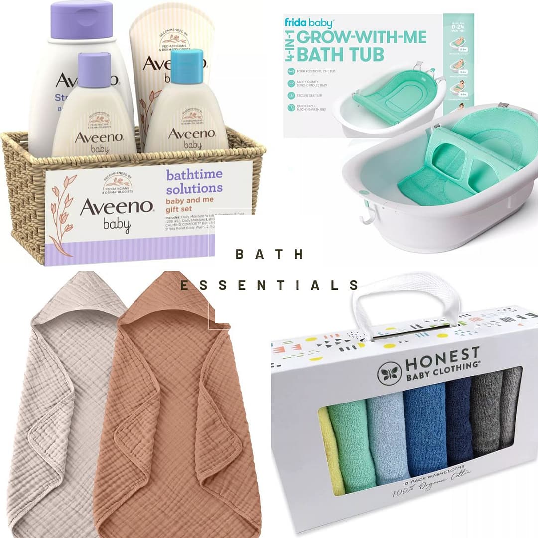 Create a soothing bath time with a non-slip baby bathtub, organic cotton towels, and gentle baby wash for newborns.