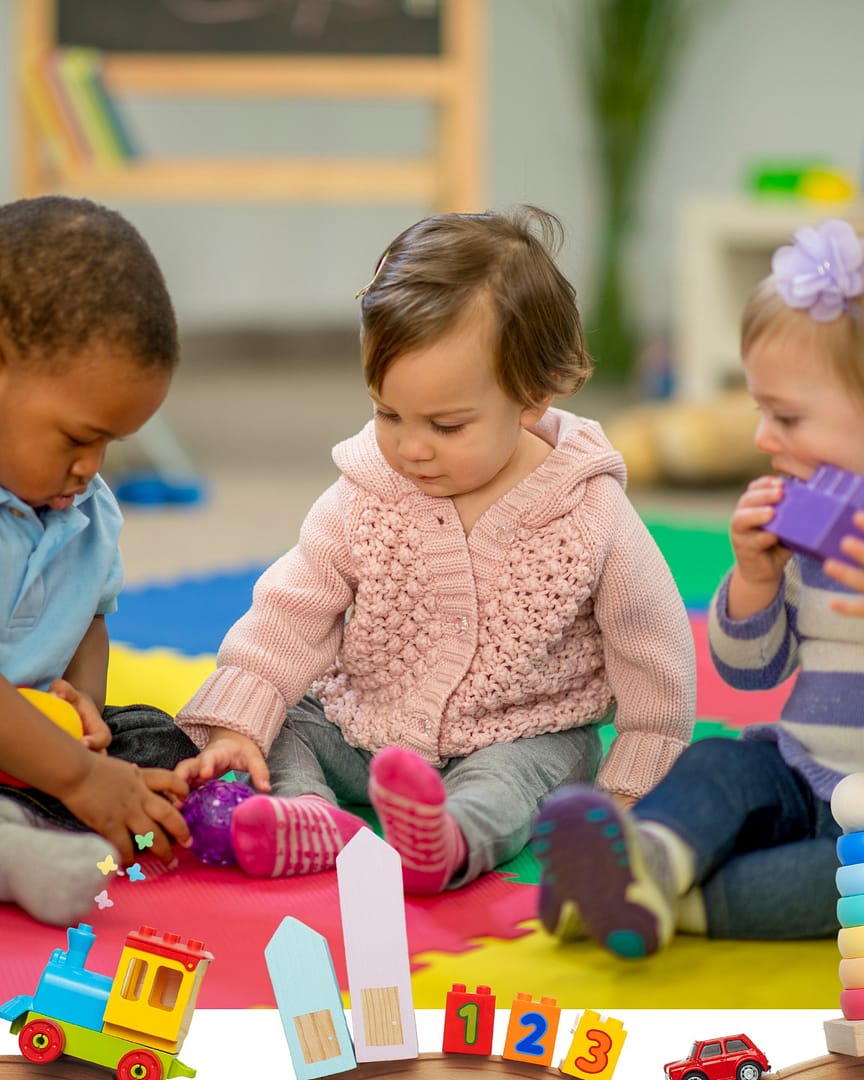 Toddler taking first steps, learning new words, and playing with other children